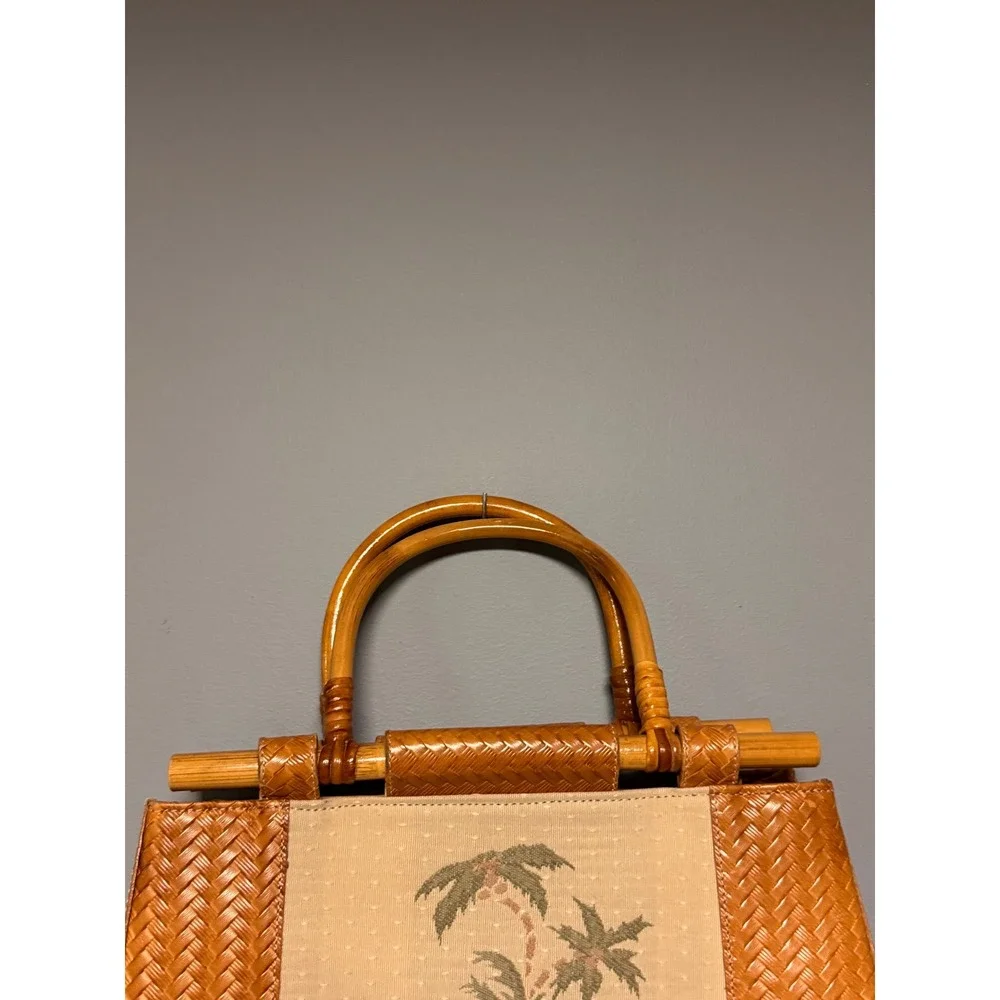 Brahmin Vintage Palm Tree Bamboo Handle Woven Leather Satchel Shoulder Bag Brown